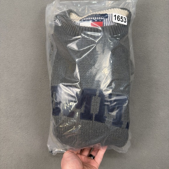 Vintage 90s Tommy Hilfiger Heavy Knit Sweater Mens XXL Gray Spell Out Preppy - Picture 11 of 11